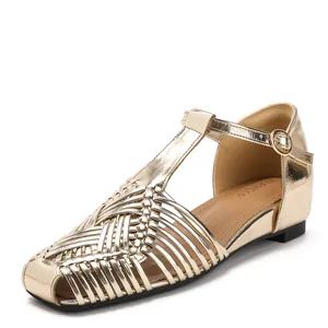 Women's Vintage Woven T-Strap Wedge Sandals Fashion Square Toe Roman Style PU Leather Summer Breathable Daily Walking Shoes