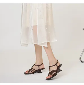 Fashionable brown retro strappy sandals with square toe and unique geometric heel design