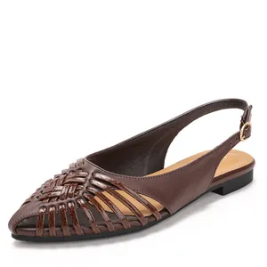 Vintage brown woven pointed toe slingback flat sandals for women summer roman style shoes