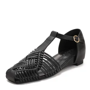 Vintage black woven T-strap sandals with square toe and low wedge heel for women