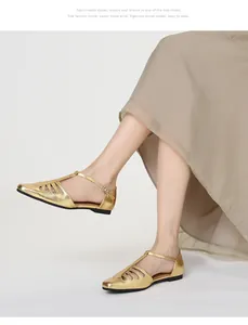 Elegant gold T-strap square toe flat sandals with hollow-out side design for summer wear