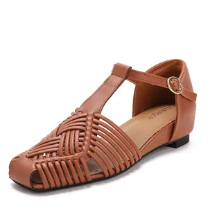 Retro brown woven sandals featuring T-strap, gold buckle and vintage square toe design