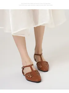 Vintage brown square-toe hollow sandals with T-strap shown on a model for casual wear
