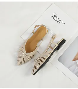 Elegant beige French bow woven hollow sandals with a vintage pointed toe design.