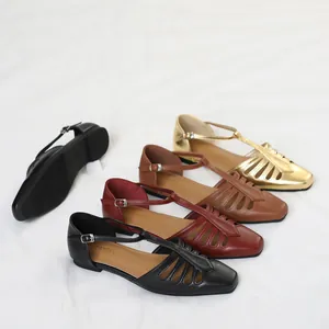 Vintage square toe hollow-out flat sandals with T-strap and buckle in multiple colors