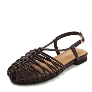 Elegant hand-woven closed-toe Roman sandals for women with adjustable flat buckle strap