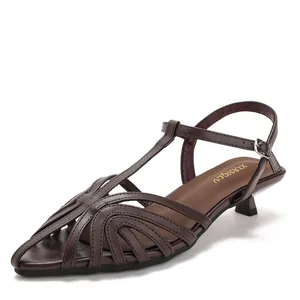 Elegant brown hollowed-out pointed-toe kitten heel sandals with adjustable ankle strap