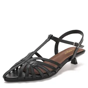 Elegant black kitten heel sandals with pointed toe and hollow woven cage design