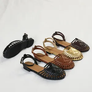 Elegant retro hand-woven fisherman flat sandals with ankle straps in various colors