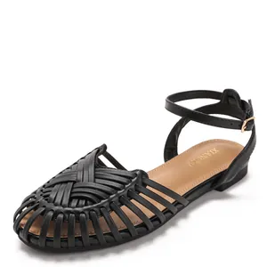 Vintage handmade woven closed-toe Roman sandals in black with adjustable ankle strap