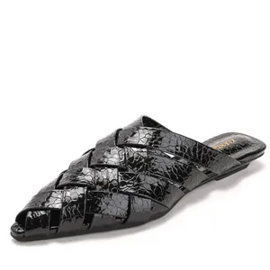 Stylish black hollow woven pointed-toe mules with snakeskin texture for women summer