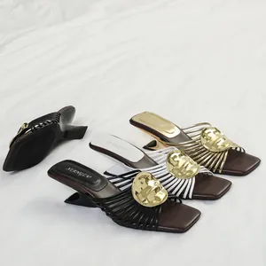 French style irregular heel sandals with gold metallic radiating strap design for summer wear