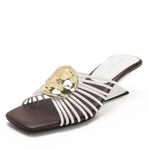 French style irregular heel slide sandals with gold hammered disc and white straps