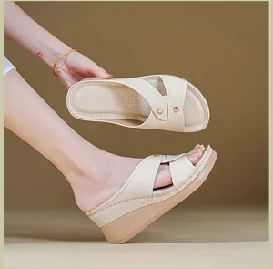 Elegant beige platform wedge sandals for women featuring stylish contrast stitching