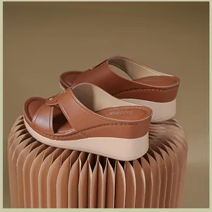 Detailed macro view of brown leather wedge sandals featuring elegant stitching and comfort