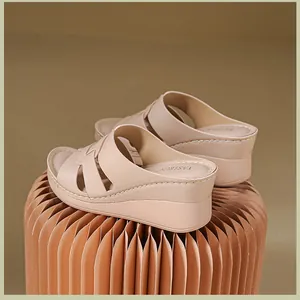 Detailed view of beige wedge platform sandals with elegant stitching and comfortable sole