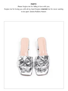Detailed macro view of silver pleated strap design on fashionable high heel slides