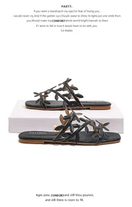Side view detail of black flat sandals featuring elegant leaf-shaped straps and square toe.