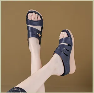 Detailed macro view of stylish navy blue wedge sandals for women worn by a model