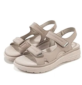 Women's beige platform sports sandals with adjustable Velcro straps for comfort