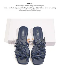 Top-down detailed view of navy blue square-toe flat sandals with leaf strap design