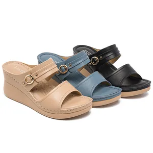Women's stylish wedge sandals with buckle strap and stitched sole in three colors