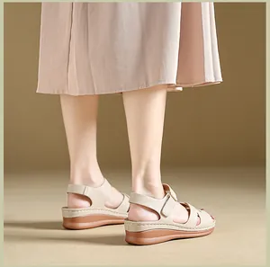 Detailed rear view of comfortable wedge sandals with hook and loop closure