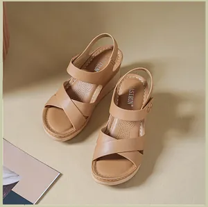 Detailed overhead view of comfortable tan wedge sandals featuring stylish cross-straps