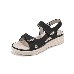 Women's sporty leather sandals featuring comfortable wedge heels and Velcro straps