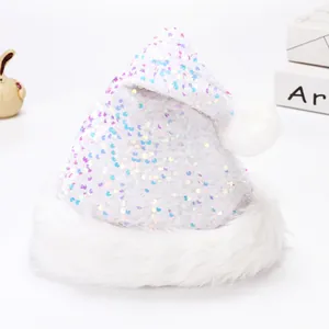 Close-up of white sequin Christmas hat with soft plush trim and colorful sequins