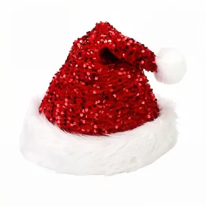 Red sequin Santa hat with white plush trim and pom-pom for Christmas party decoration