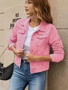 Stylish pink denim jacket with lapel and pockets for women fashion
