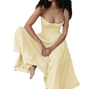 Vestido maxi elegante de estilo francés vintage con tirantes finos amarillo crema para mujer
