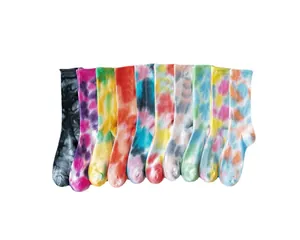 Vibrant tie-dye multicolor mid-calf crew socks in various stylish and trendy patterns