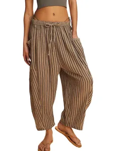 Pantaloni harem a righe in cotone e lino da donna con elastico in vita e tasche