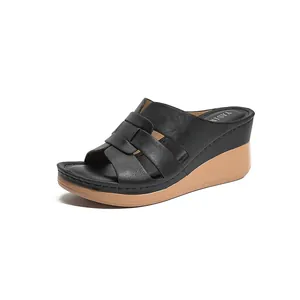 Women Wedge Sandals Comfortable PU Leather H-Strap Slides Casual Bohemian Mom Shoes Open Toe Platform Slippers With Stitching