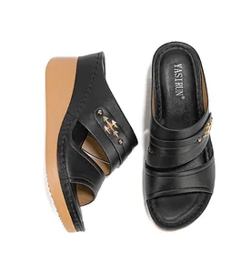 Top and side view of black wedge sandals with gold metallic accents on white background