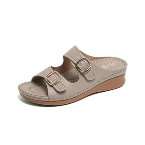 Breathable beige wedge sandals for women with peep-toe and decorative belt buckles