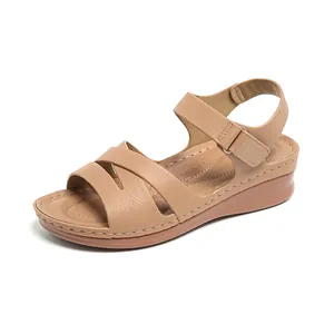 Comfortable beige wedge sandals with adjustable magic buckle straps for summer beach wear.
