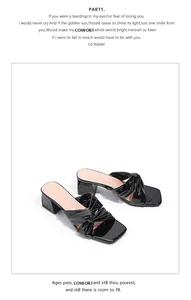 Detailed view of black patent leather chunky heel mules with twisted knot strap