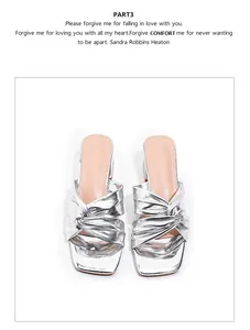 Elegant silver metallic knotted strap sandals with comfortable block heel for women