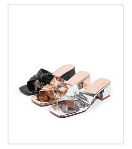 Detail showing three colors of elegant fashion square toe sandals with twisted straps
