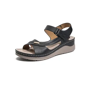 Women Fashion Wedge Sandals PU Leather Casual Comfortable Platform Sandals With Metal Buckle Hook And Loop Summer Beach Shoes
