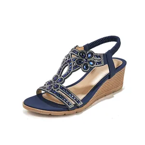 Elegant bohemian dark blue wedge sandals with rhinestone T-strap and wood heel