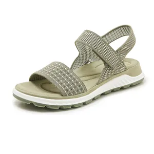 Detailed side view of breathable olive green knit sports sandals for women with white patterns