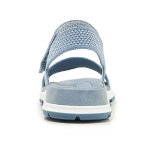 Detailed back view of a breathable blue knitted sports sandal with soft TPR sole