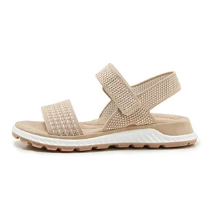 Side view of beige flying woven sports sandals for women with comfortable TPR sole