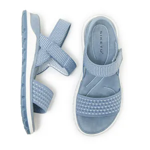 Top and side view of blue fly-knit breathable sports sandals with soft TPR soles