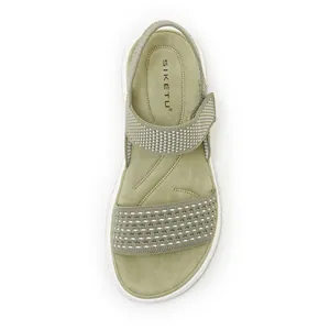 Top-down view of olive green fly-knit sports sandals with soft TPR sole and velcro straps