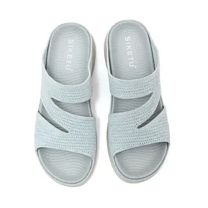 Top-down view of casual knitted wedge slippers for women with hollow-out straps